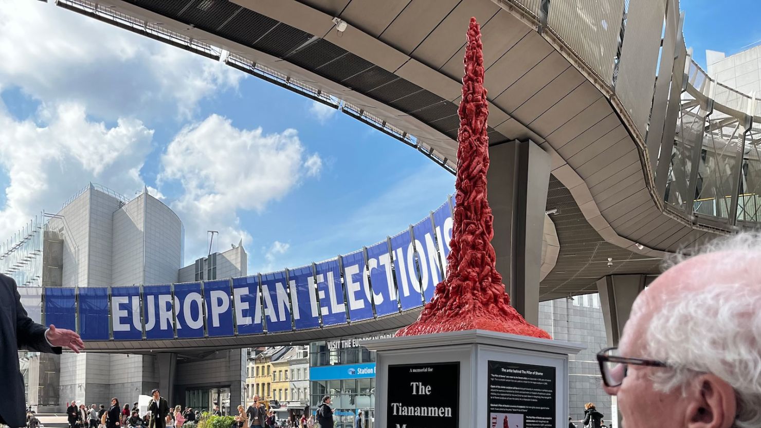 A model of the "Pillar of Shame," a memorial to the victims of the 1989 Tiananmen Square massacre, was unveiled outside the European Parliament in Brussels, Belgium on Tuesday.