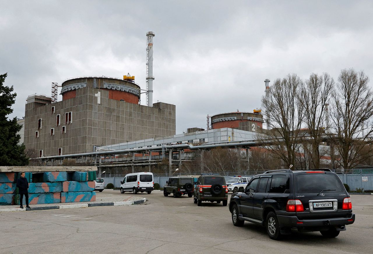 A motorcade transporting the International Atomic Energy Agency  expert mission, escorted by the Russian military, arrives at the?Zaporizhzhia?Nuclear?Power?Plant?on March 29. 