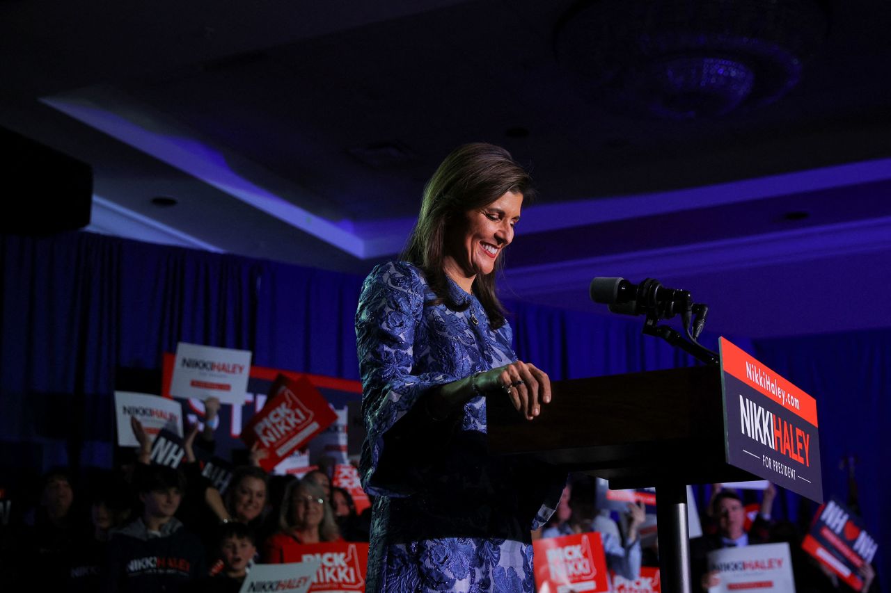 Nikki Haley speaks during her New Hampshire presidential primary election night rally, in Concord, New Hampshire, on Tuesday.