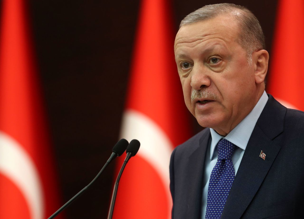 Turkish President Recep Tayyip Erdogan speaks during a news conference at the Cankaya Palace in Ankara, Turkey on March 18.