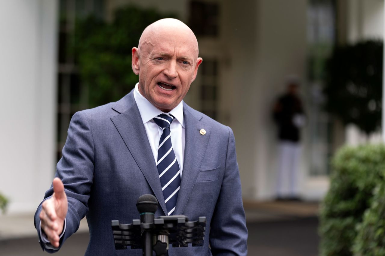 Sen. Mark Kelly speaks about the southern border outside the West Wing of the White House on Tuesday in Washington, DC.