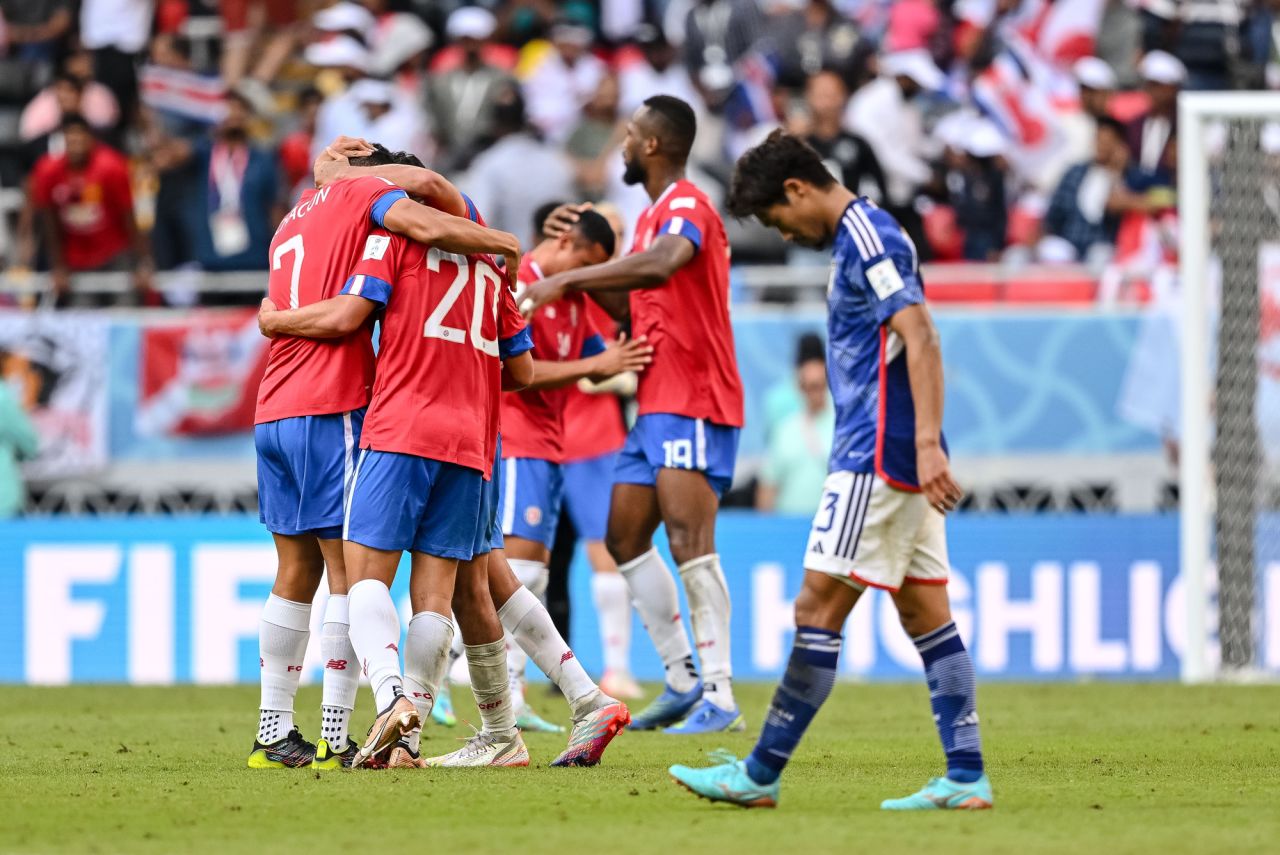 Costa Rica celebrates after winning a match against Japan at Ahmad Bin Ali Stadium in Doha, Qatar on Sunday.