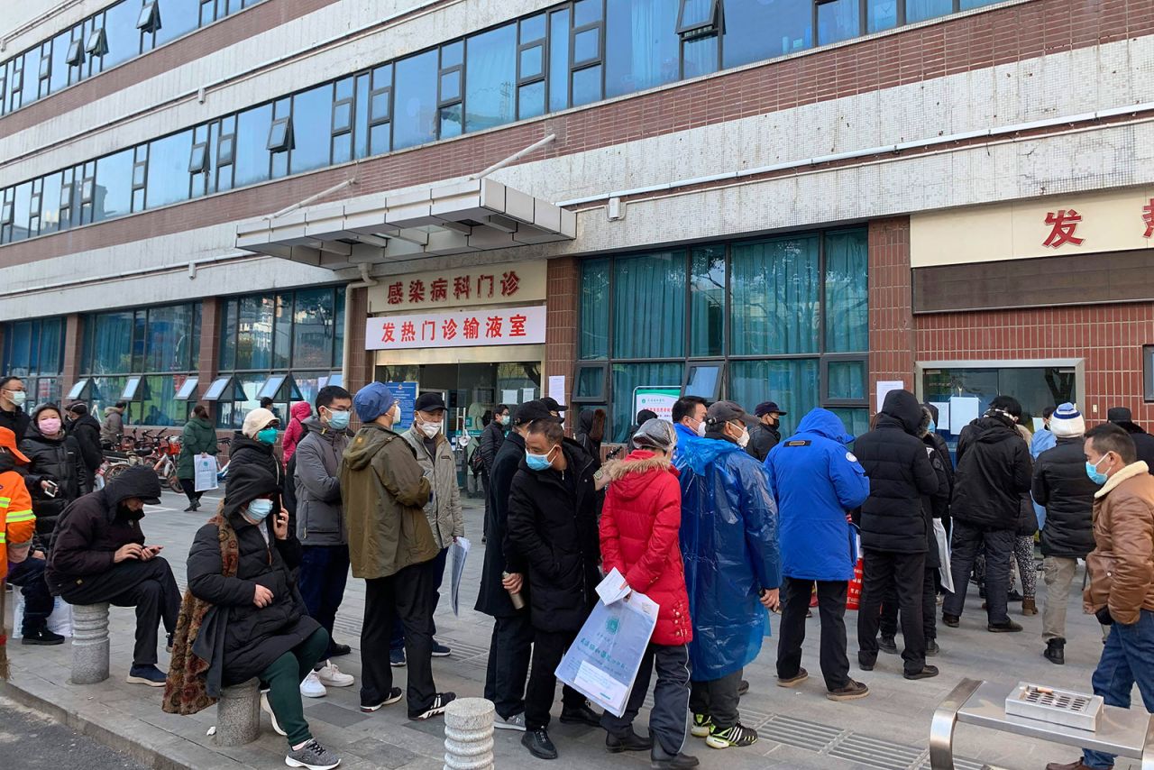 People line up outside a fever clinic at Wuhan Union Hospital on January 31.