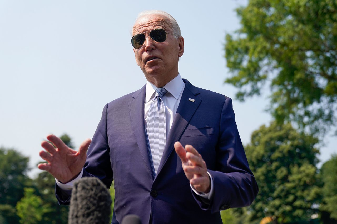 President Joe Biden talks to reporters before boarding Marine One on the South Lawn of the White House in Washington on Wednesday, July 7.