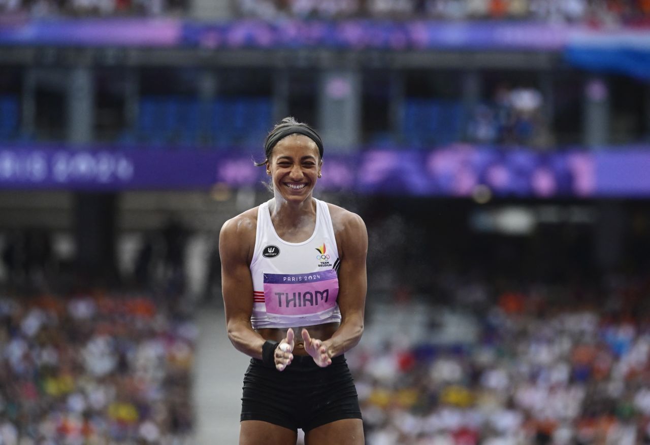 Belgian athlete Nafi Thiam celebrates after her third and last attempt at the third event of the women's heptathlon.