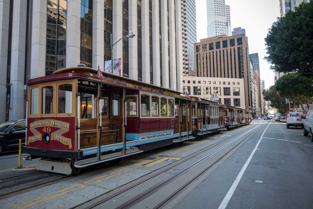 Empty cable cars are seen in San Francisco, California, on Monday.