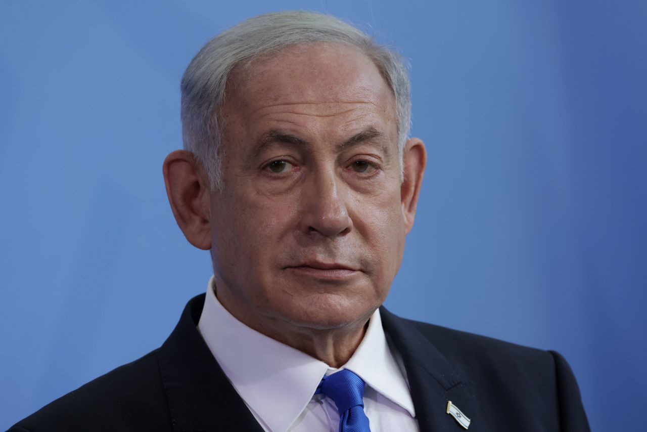 Israeli Prime Minister Benjamin Netanyahu speaks to the media following talks at the Chancellery on March 16, 2023, in Berlin, Germany.