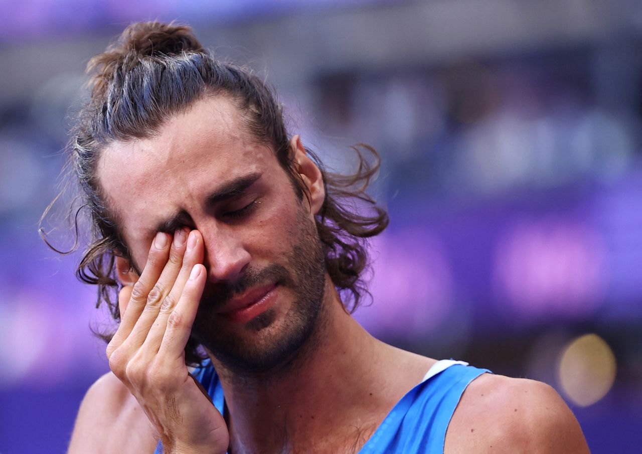 Italy’s Gianmarco Tamberi reacts after being eliminated from the men’s high jump final on August 10. 