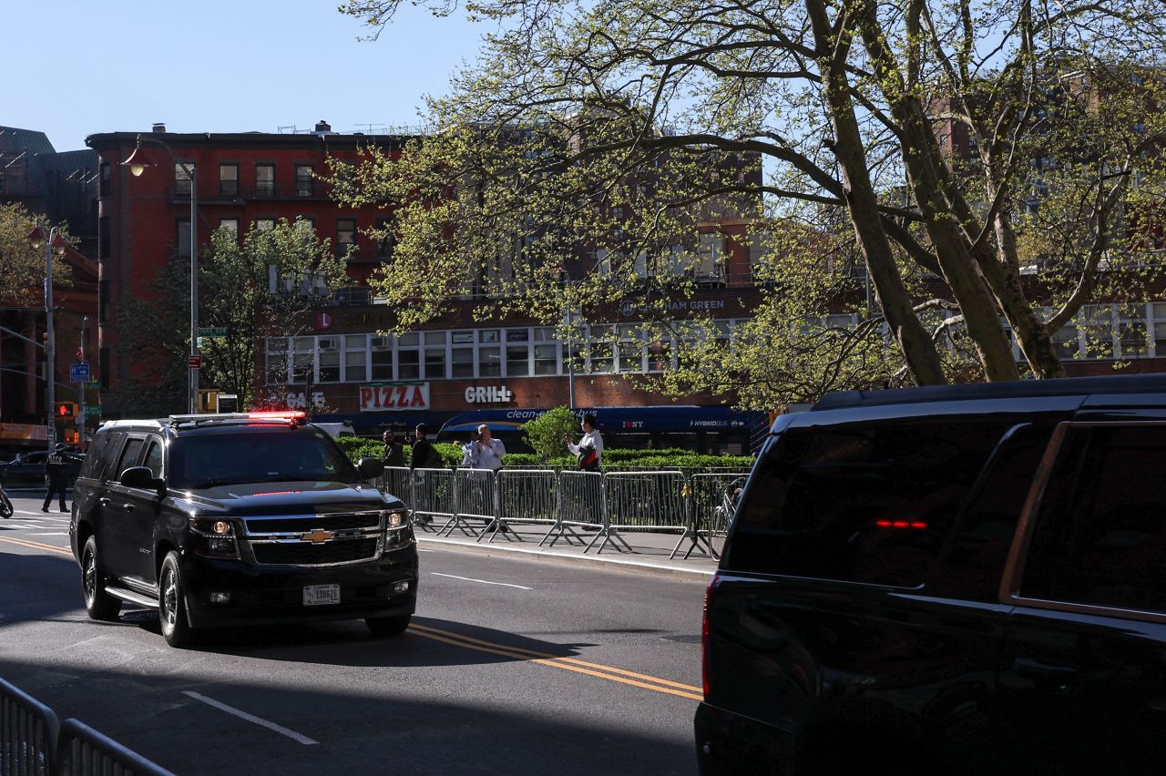 The motorcade of Republican presidential candidate and former President Donald Trump arrives for his trial near Manhattan Criminal Courthouse, in New York City, on April 16. 