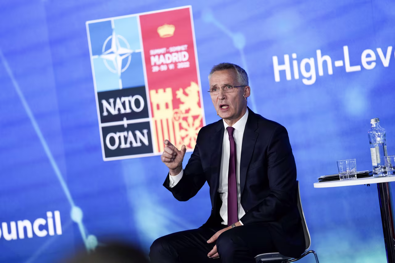 NATO Secretary General Jens Stoltenberg speaks at the NATO public forum during a NATO summit in Madrid, Spain, on June 28.