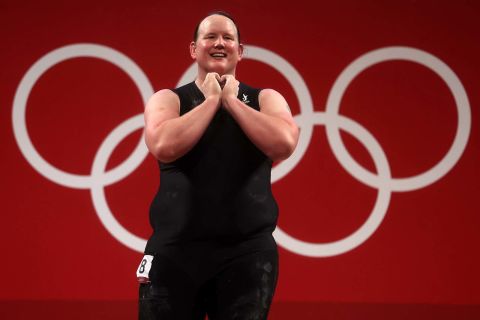 Laurel Hubbard of Zealand reacts during the women's weightlifting +87kg event on August 2. 
