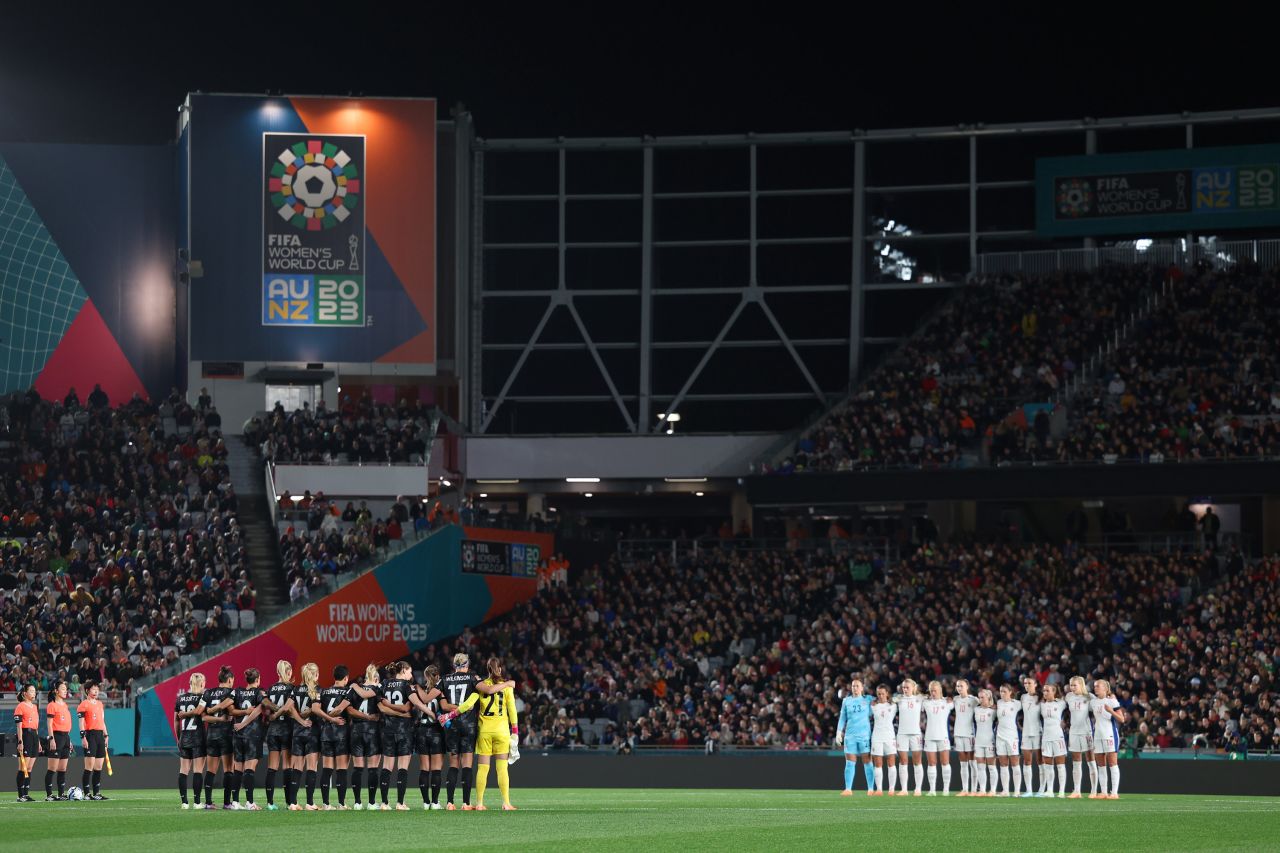 Players of New Zealand, players of Norway and match officials observe a minute of silence for victims of the Auckland shooting prior to the 2023 FIFA Women's World Cup Group A match between New Zealand and Norway at Eden Park on July 20.