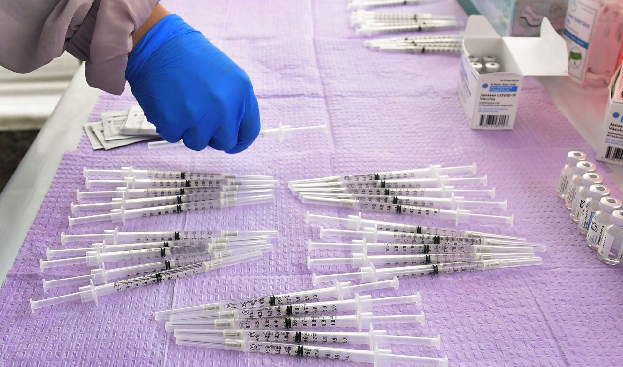 A nurse prepares Johnson & Johnson Covid-19 vaccine doses on March 25, in Los Angeles, California. 