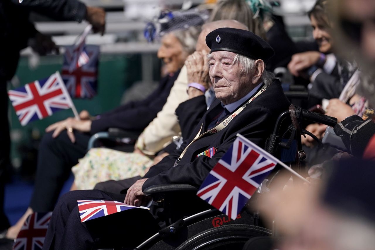 A Normandy veteran attends the UK's national commemorative event for the 80th anniversary of D-Day, hosted by the Ministry of Defence on Southsea Common in Portsmouth, Hampshire. 