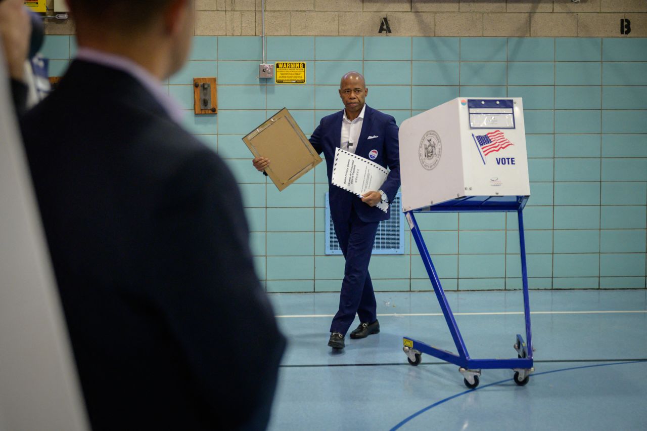 New York democratic mayoral candidate Eric Adams prepares to cast his vote at a voting center in Brooklyn, New York, on Tuesday, November 2.