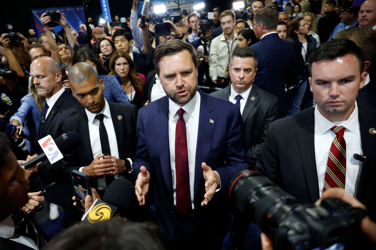 Sen. JD Vance speaks to reporters in the spin room following the presidential debate between Trump and Harris at The National Constitution Center on September 10, in Philadelphia.