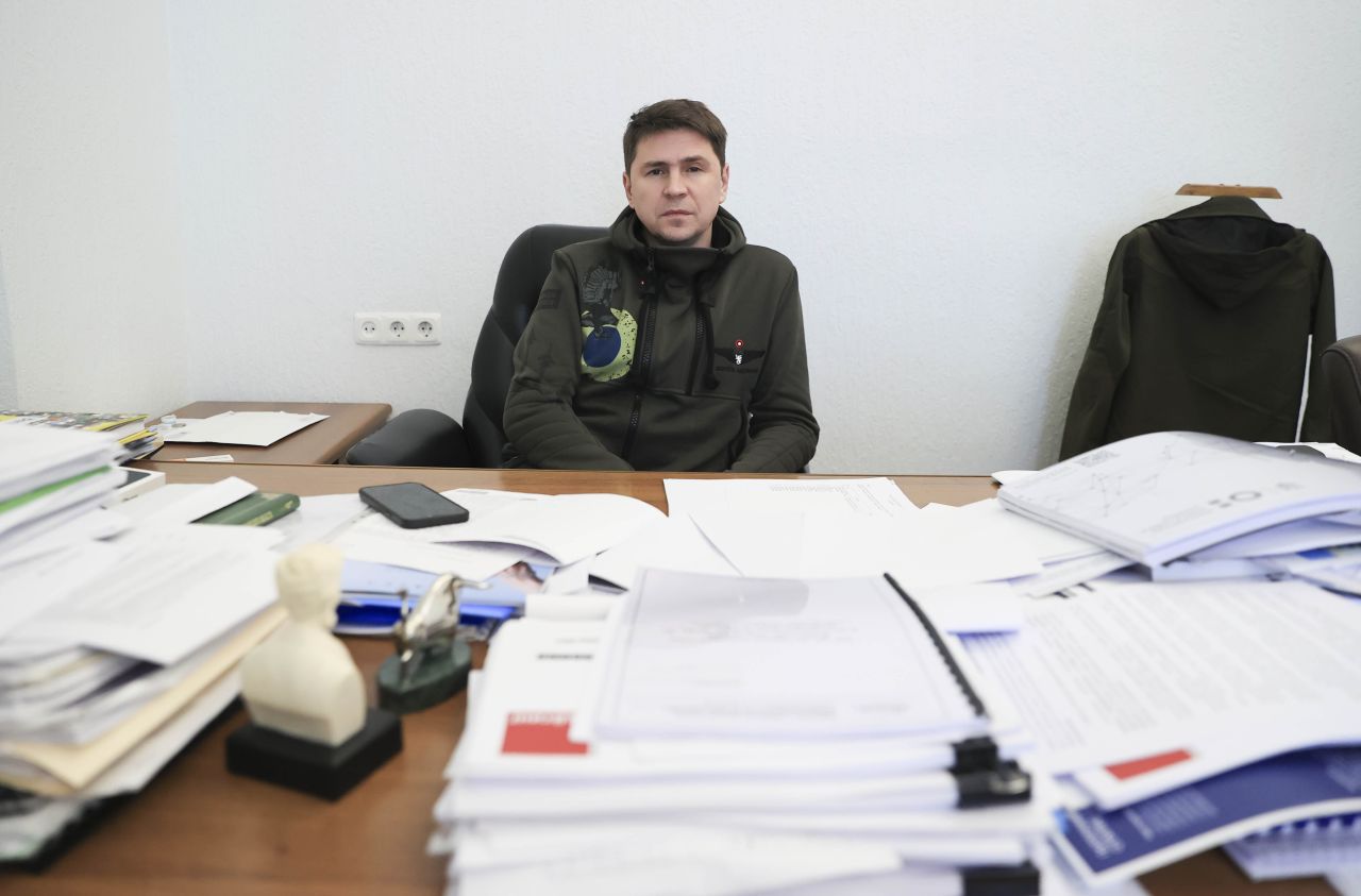Ukrainian negotiator and presidential adviser Mykhailo Podolyak speaks in Kyiv, Ukraine, on April 19.