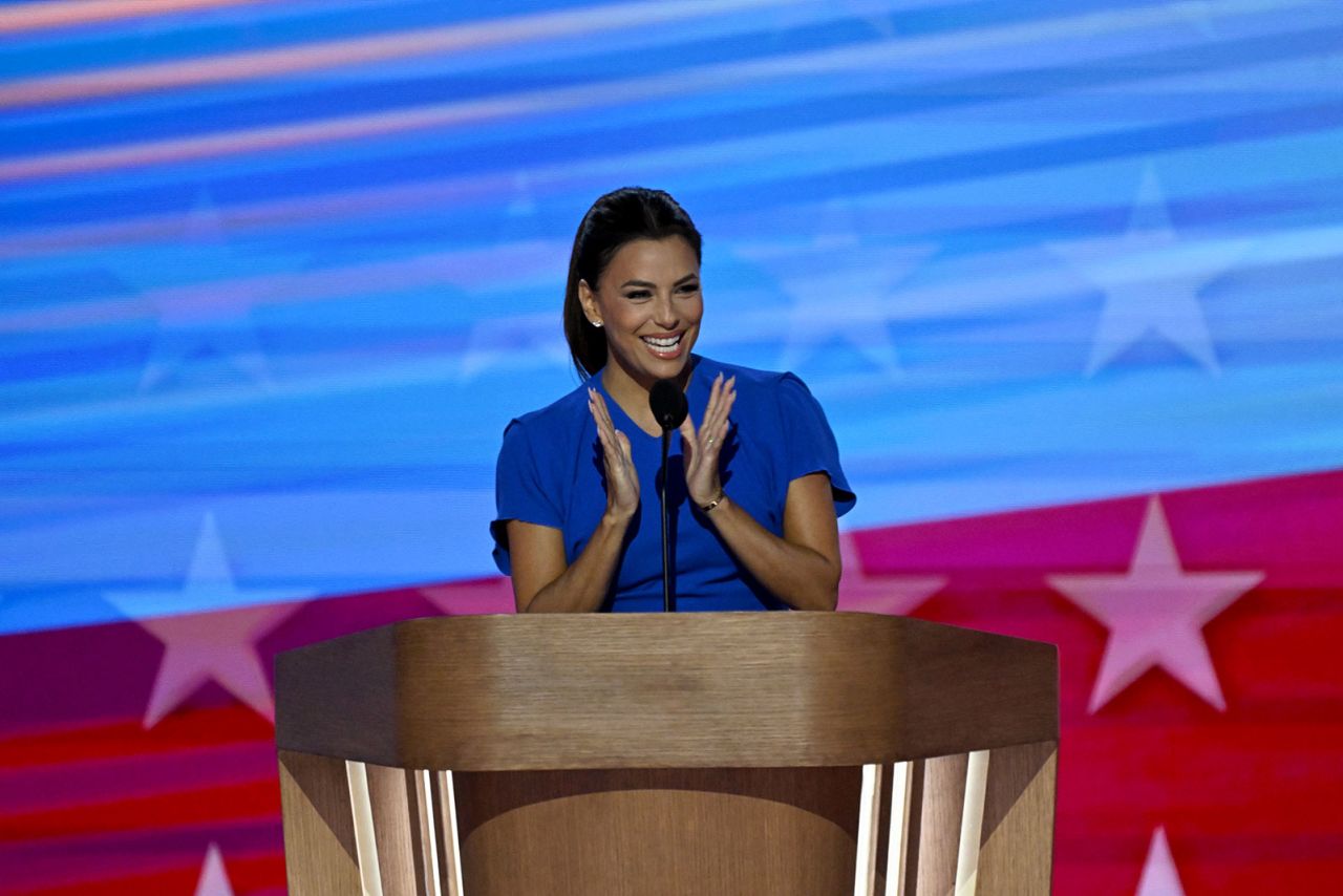 Eva Longoria?speaks on stage during the DNC on Thursday, August 22, in Chicago.