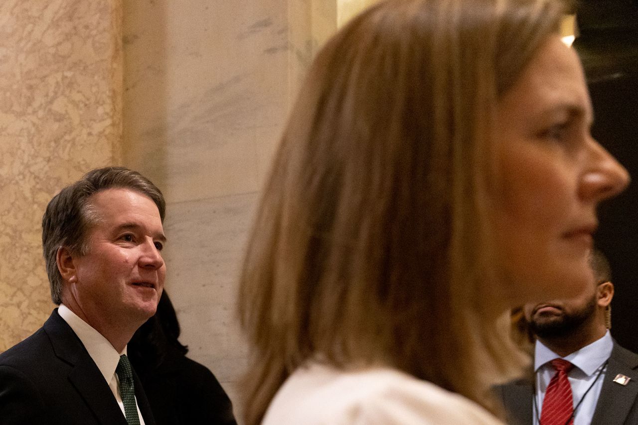 From left, Justices Brett Kavanaugh and Amy Coney Barrett depart after President Joe Biden’s State of the Union address at the US Capitol in February 2023.