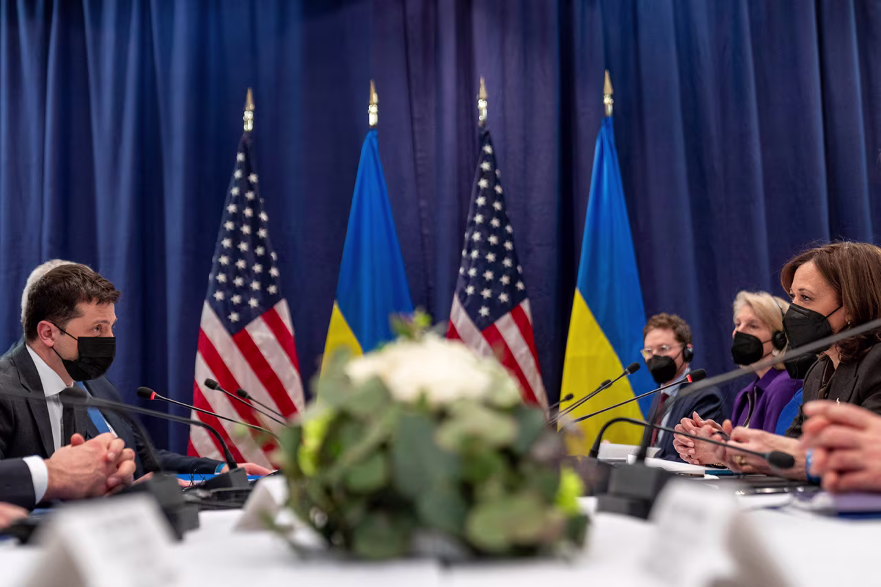 US Vice President Kamala Harris, right, and Ukrainian President Volodymyr Zelensky during the Munich Security Conference in Germany, on February 19. 