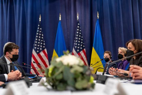 US Vice President Kamala Harris, right, and Ukrainian President Volodymyr Zelensky during the Munich Security Conference in Germany, on February 19. 