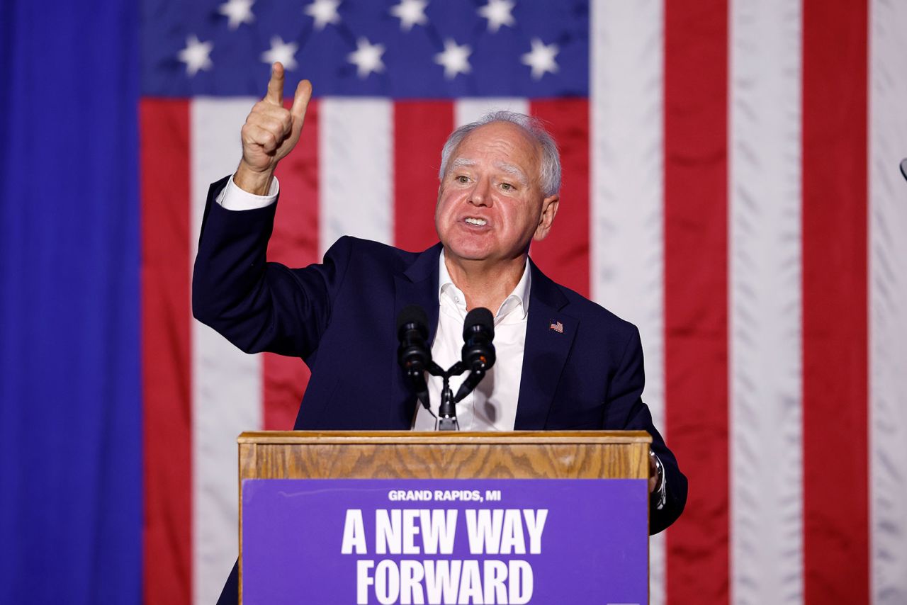 Minnesota Gov. Tim Walz speaks at a campaign event, Thursday, September 12, in Grand Rapids, Michigan.