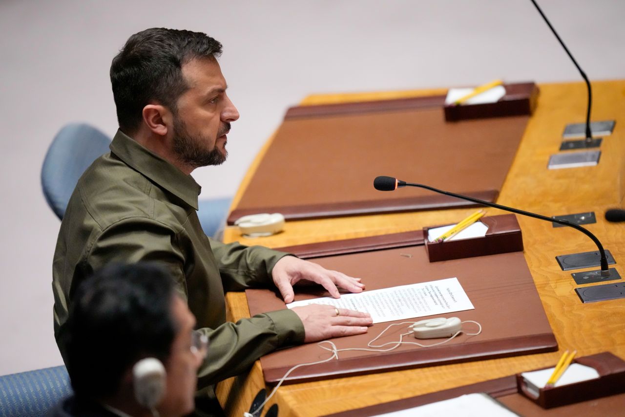 Ukrainian President Volodymyr Zelensky speaks during a high level Security Council meeting on the situation in Ukraine, on September 20, at United Nations headquarters.