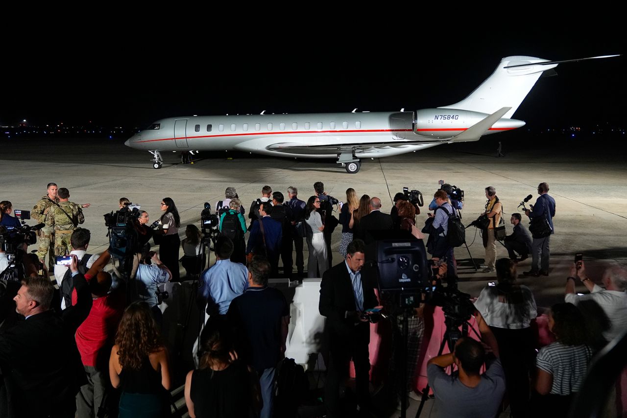 A plane carrying reporter Evan Gershkovich, Alsu Kurmasheva and Paul Whelan arrives in the US following their release as part of a 24-person prisoner swap between Russia and the United States on August 1.