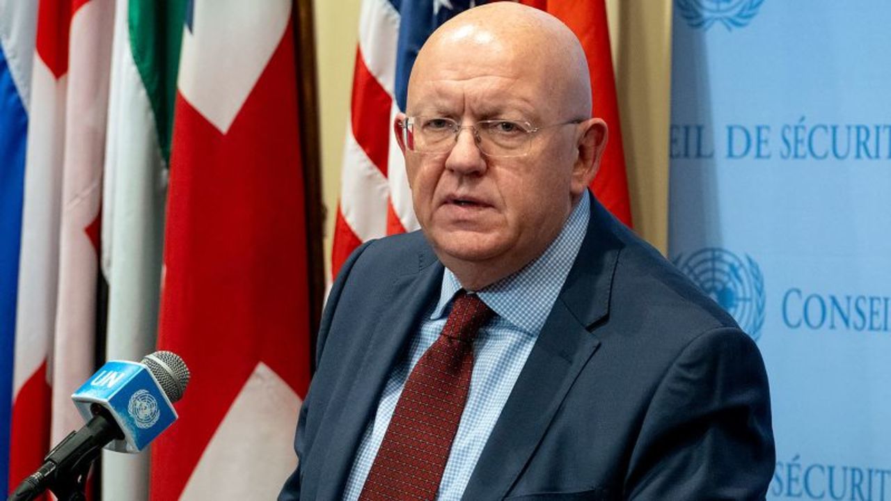 Vassily Nebenzia, Permanent Representative of Russia to the United Nations, comments following a Security Council meeting at United Nations headquarters Friday, October 13, 2023.