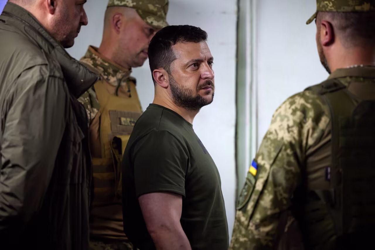 Ukrainian President Volodymyr Zelensky visits troops in Bakhmut, Ukraine on June 5.