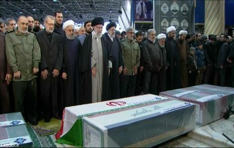 Iranian Supreme Leader Ayatollah Ali Khamenei and Iranian President Hassan Rouhani at the funeral ceremony of Qasem Soleimani in Tehran, Iran on January 6, 2019.