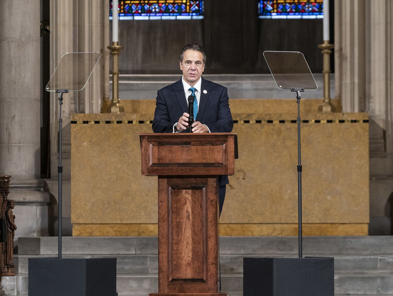 Governor Andrew Cuomo delivers remarks on the inequities in the Trump administration's vaccine distribution plan at Riverside Church in New York, on November 15. 