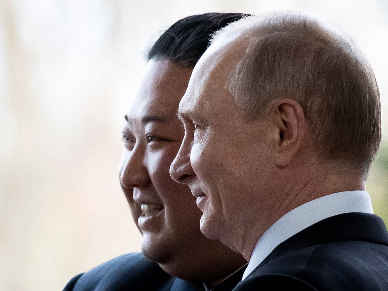 Vladimir Putin welcomes Kim Jong Un prior to their talks in Vladivostok on April 25, 2019. 