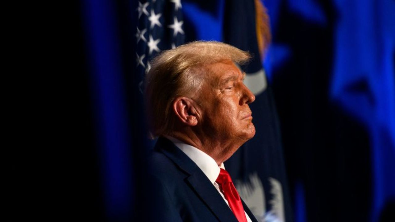 Former President Donald Trump pauses for cheers from the crowd before speaking as the keynote speaker at the 56th Annual Silver Elephant Dinner hosted by the South Carolina Republican Party on August 5, 2023, in Columbia, South Carolina.