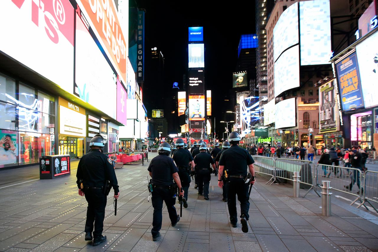 Officers patrol Time Square as activists hold a rally on May 31, in New York City. 