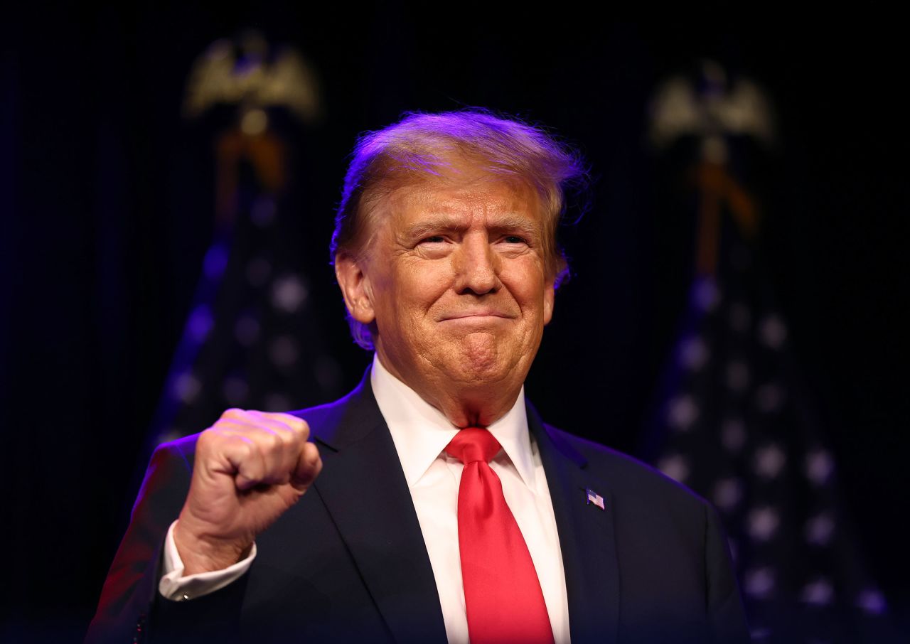 Former President Donald Trump greets supporters at his caucus night watch party at the Treasure Island Hotel & Casino on February 8, in Las Vegas, Nevada.?