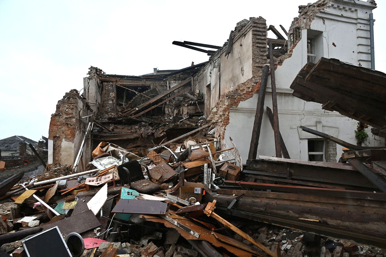 The damaged building of the local history museum is seen following a Russian missile strike in the town of Kupyansk, Kharkiv region on April 25.