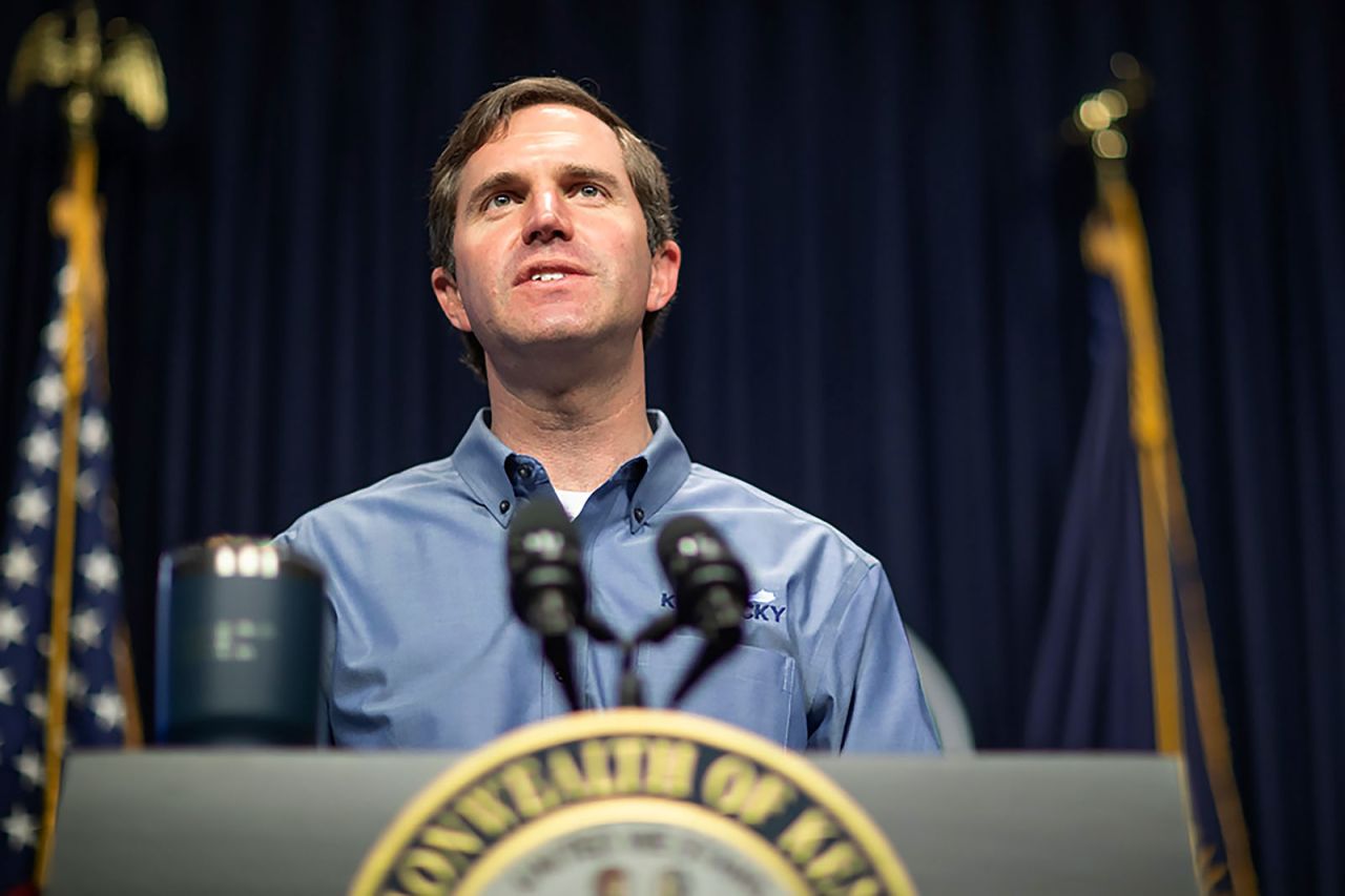 Kentucky Gov. Andy Beshear speaks at a news conference in Frankfort on April 26.