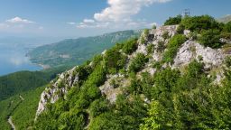 C53B1K View of Lake Ohrid and watch tower in Galicica National Park, Macedonia