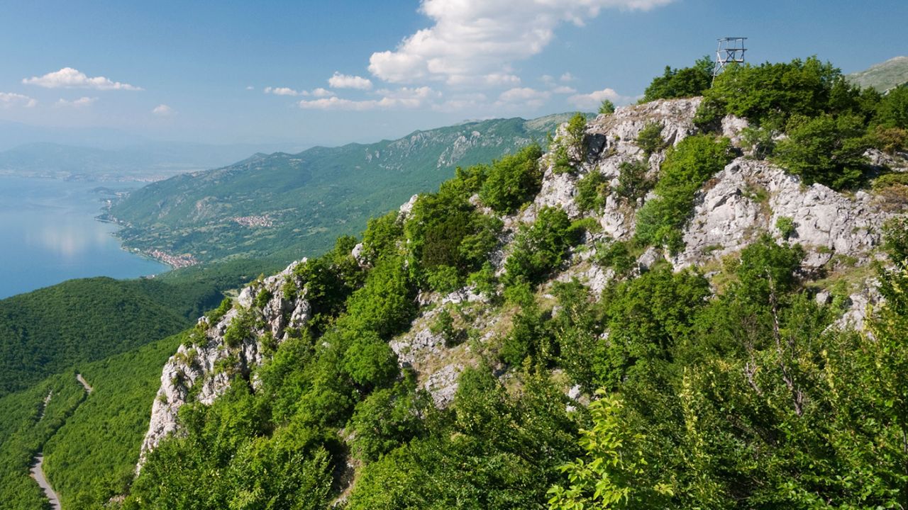 C53B1K View of Lake Ohrid and watch tower in Galicica National Park, Macedonia