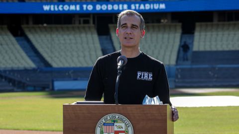 Los Angeles Mayor Eric Garcetti speaks during a press conference held at the launch of a mass Covid-19 vaccination site at Dodger Stadium on January 15, in Los Angeles, California.