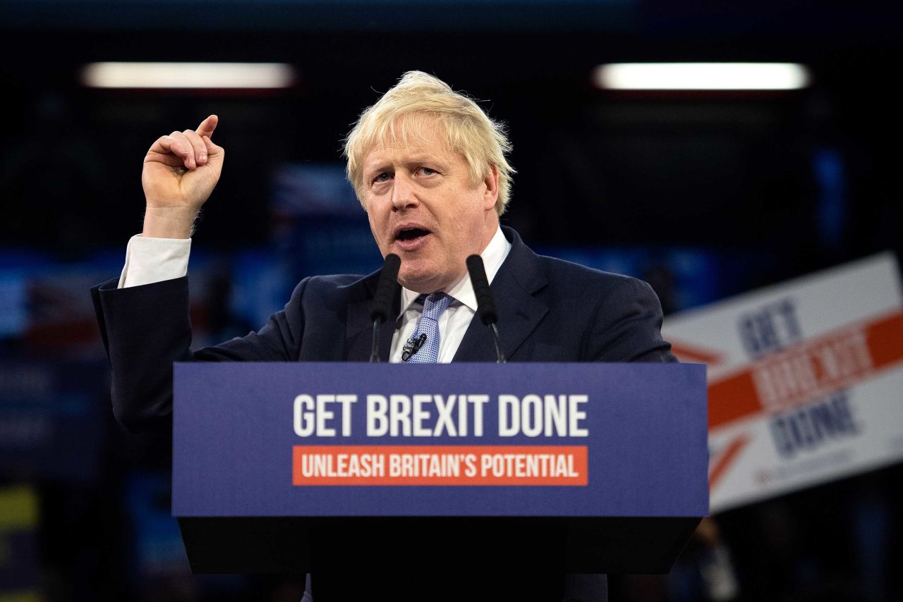 Prime Minister Boris Johnson speaks to supporters at the Copper Box Arena in London on Wednesday. Photo: Leon Neal/Getty Images