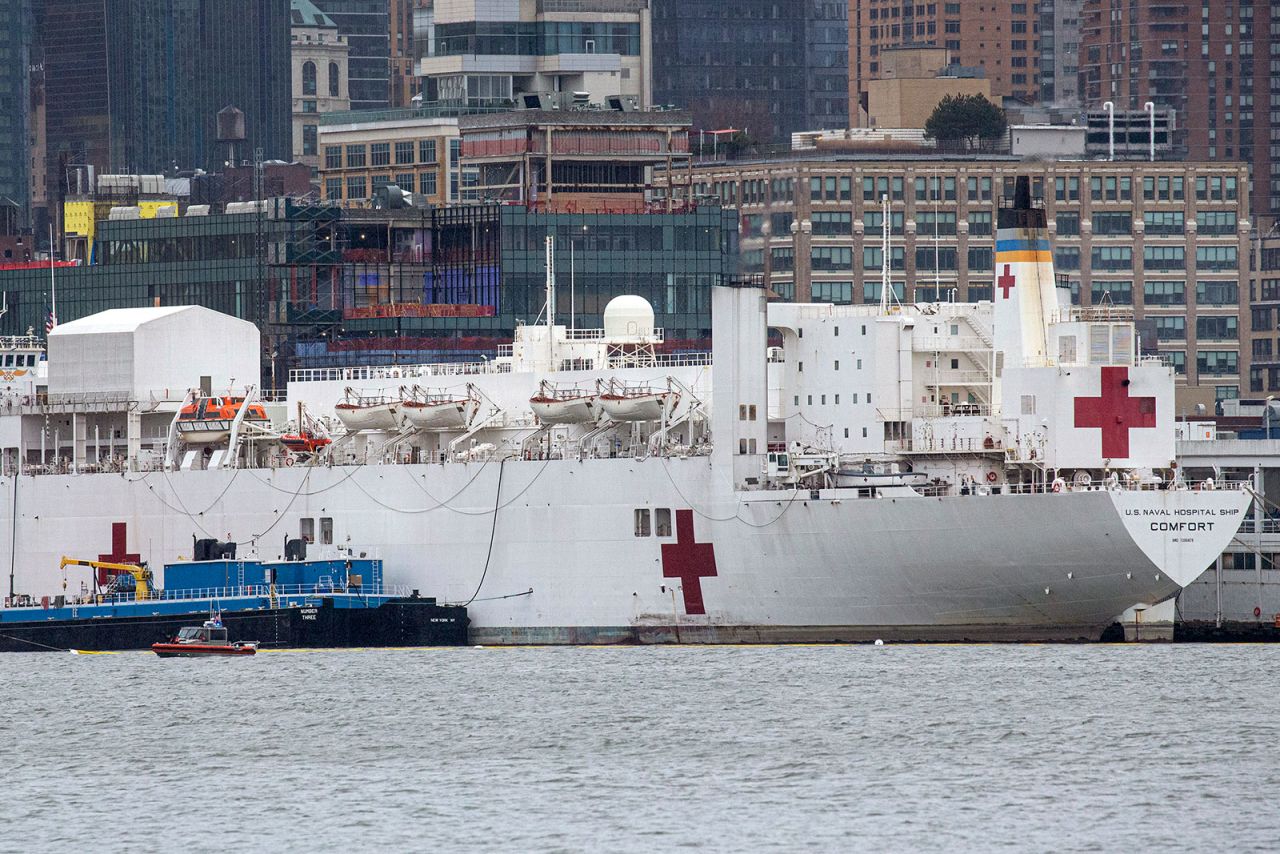 The USNS Comfort docked at Pier 90 in Manhattan on April 3. Ten patients were transported to the ship after a New York City hospital had issues with its oxygen supply Tuesday night.