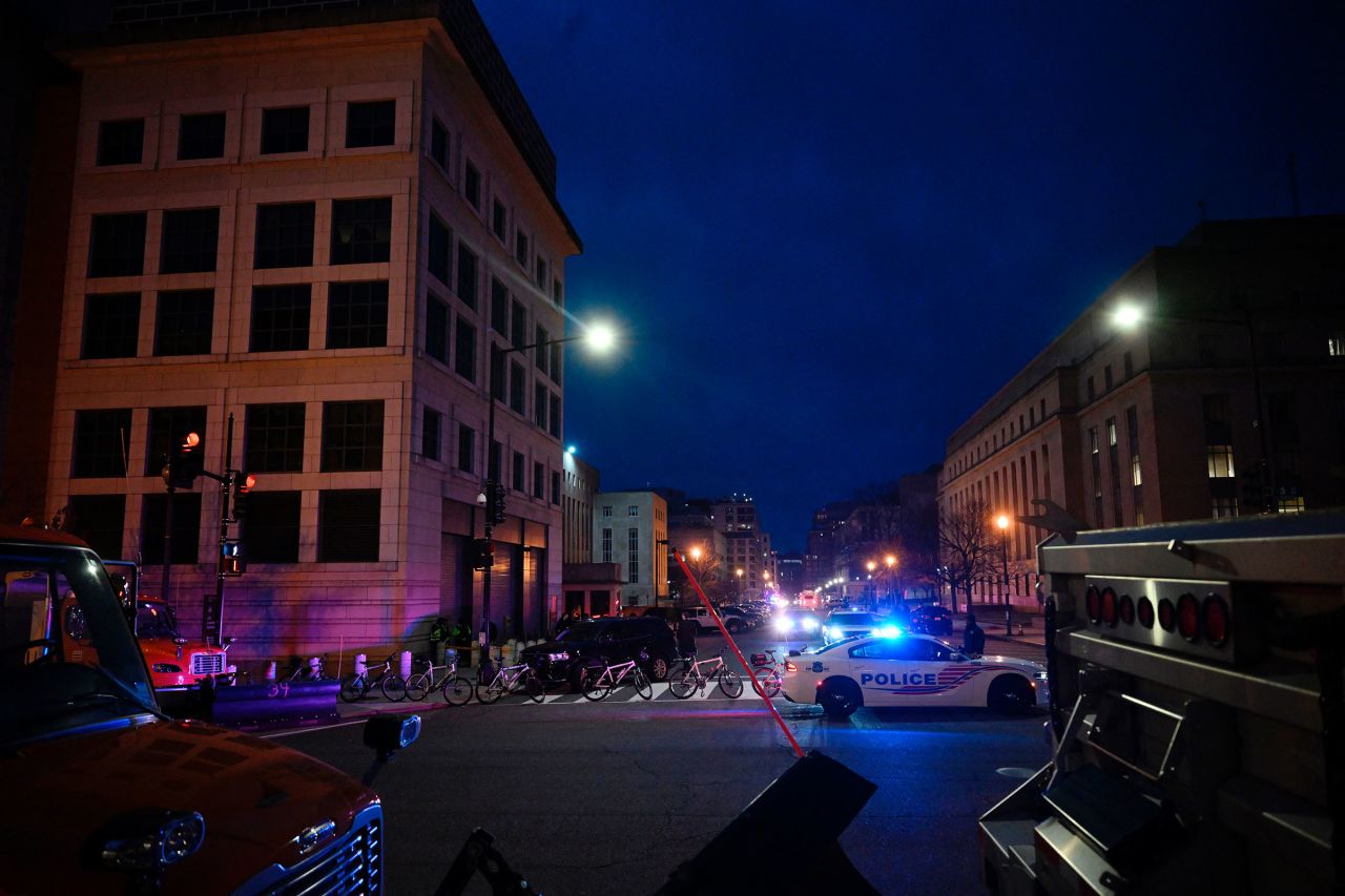 The Washington Metropolitan police set up barricades, before the arrival of former US President Donald Trump, near the federal courthouse in Washington, DC, on Tuesday.