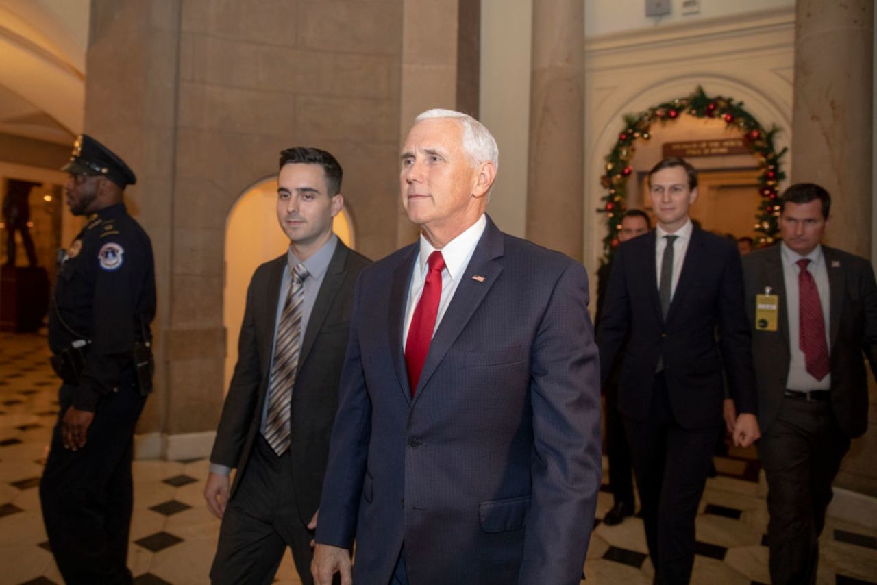 Vice President Mike Pence (C), and White House Senior Advisor Jared Kushner (2nd-R) leave Speaker of the House Paul Ryan's office on Capitol Hill on Dec. 21, 2018 in Washington, DC. 