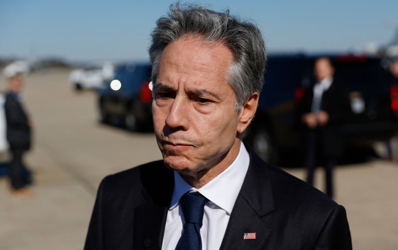 Antony Blinken talks to reporters prior to boarding his aircraft at Joint Base Andrews in Maryland, on his way to the Middle East and Asia on November 2.