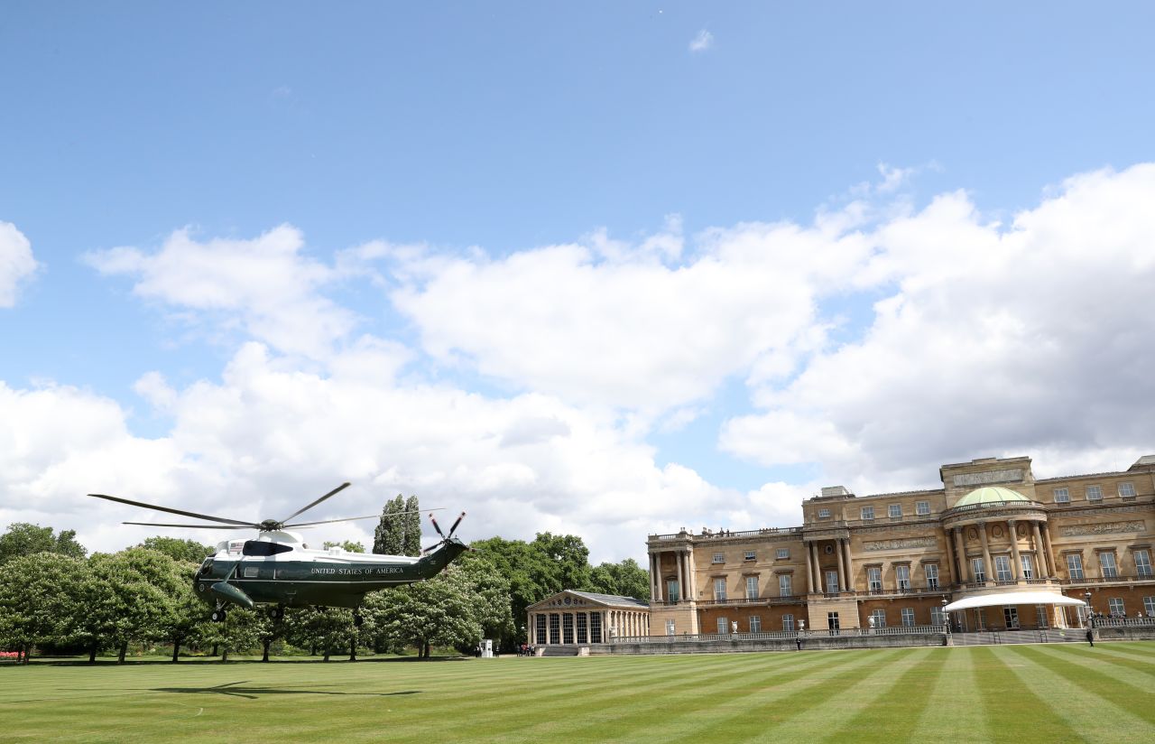 Trump and First Lady Melania Trump arrive by helicopter at Buckingham Palace this morning