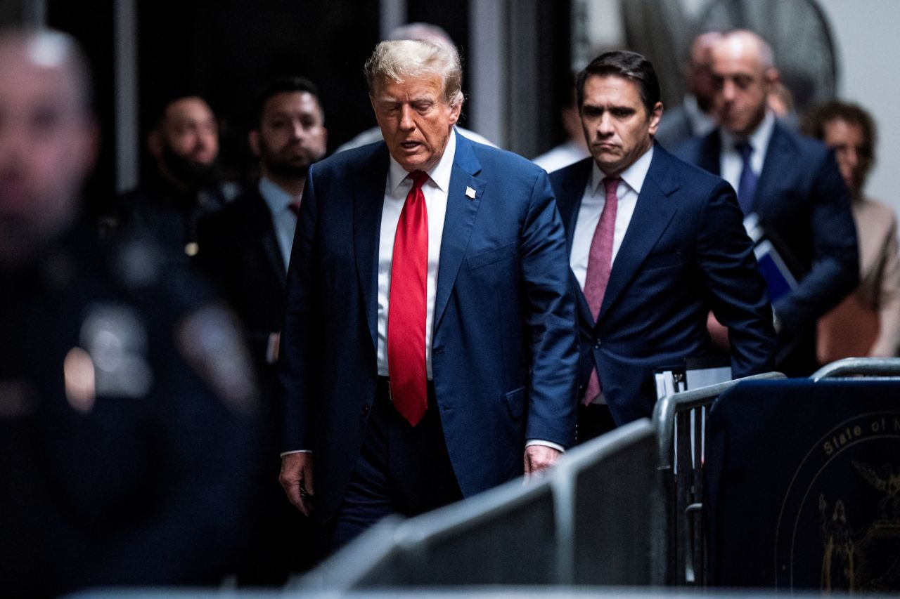 Former President Donald Trump arrives at Manhattan criminal court in New York City on Monday.