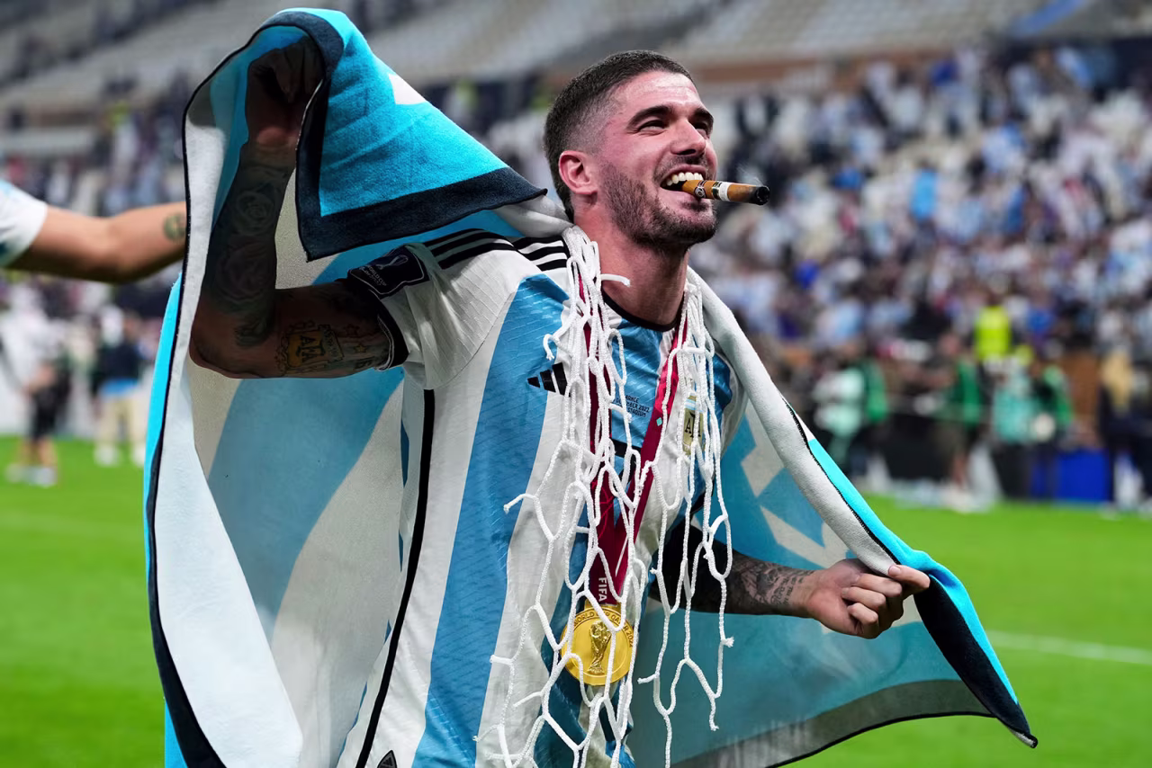 Argentina's Rodrigo De Paul celebrates winning the World Cup final soccer match on Sunday at Lusail Stadium. 