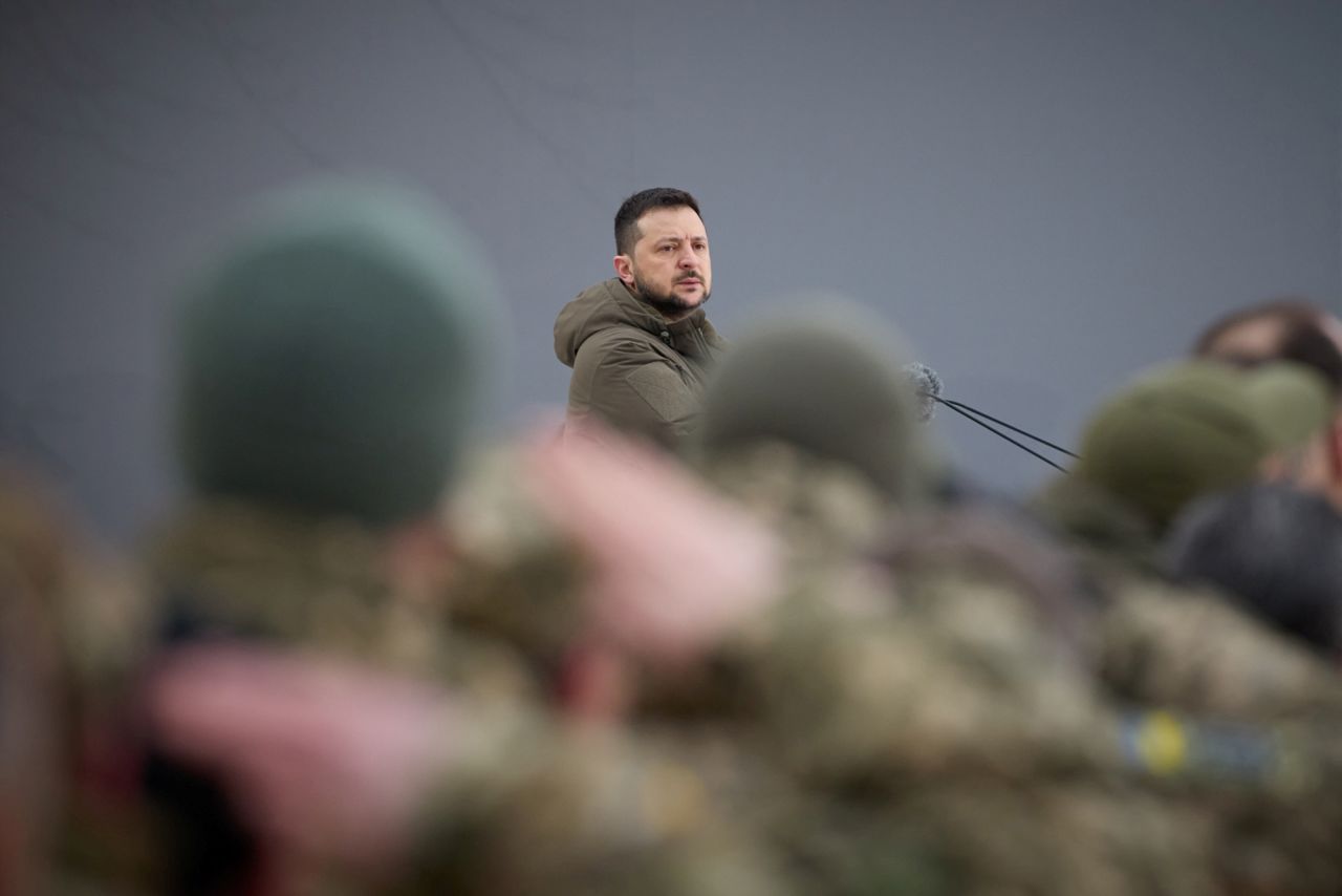 Ukraine's President Volodymyr Zelensky delivers a speech at a ceremony dedicated to the first anniversary of the Russian invasion of Ukraine, in Kyiv, Ukraine, on February 24.